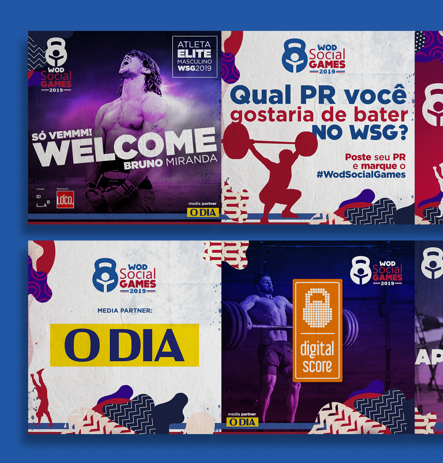 Wod Social Games Crossfit Um homem está levantando uma barra em um fundo azul