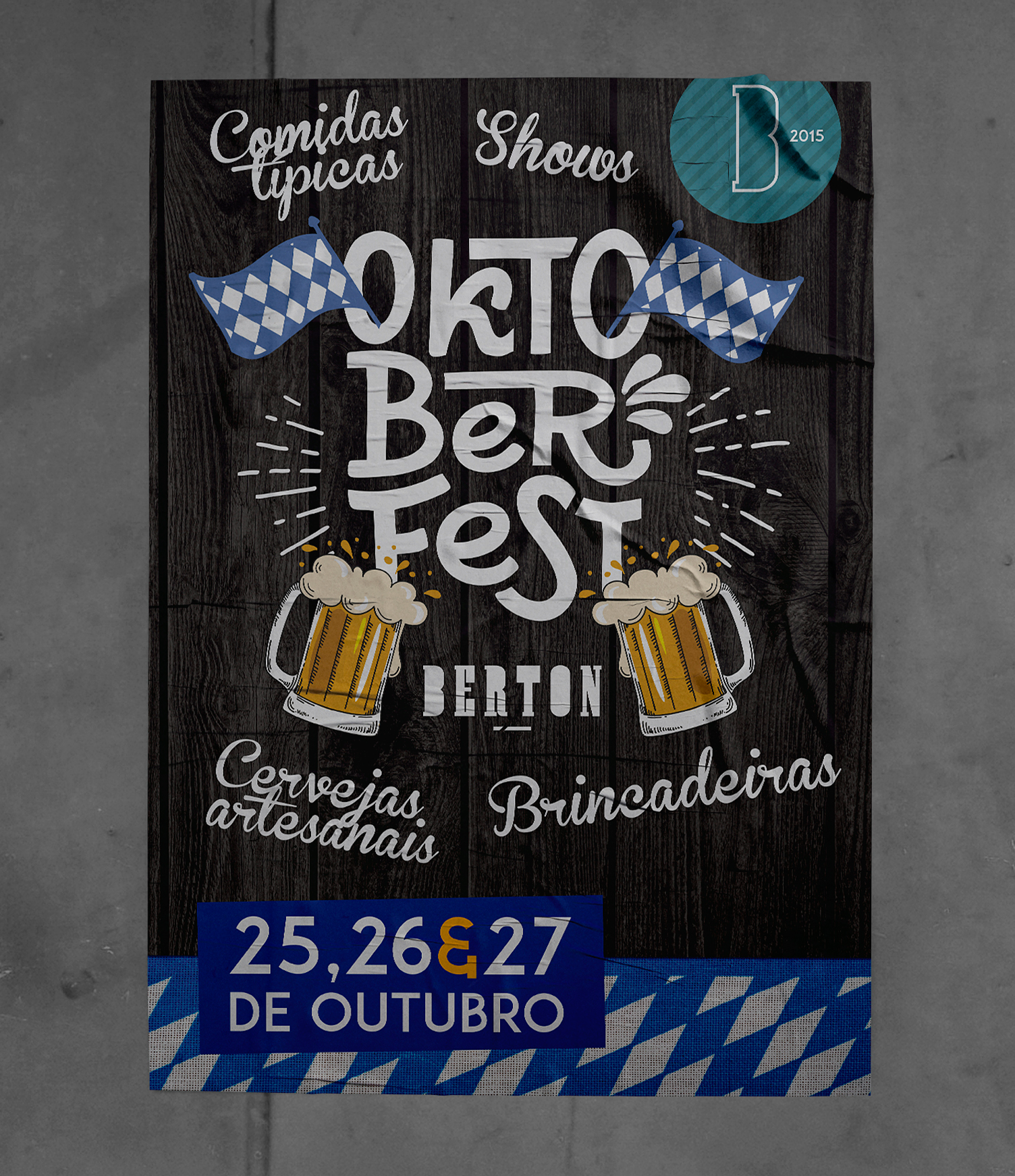 Um pôster do festival de cerveja de outubro está pendurado na parede.