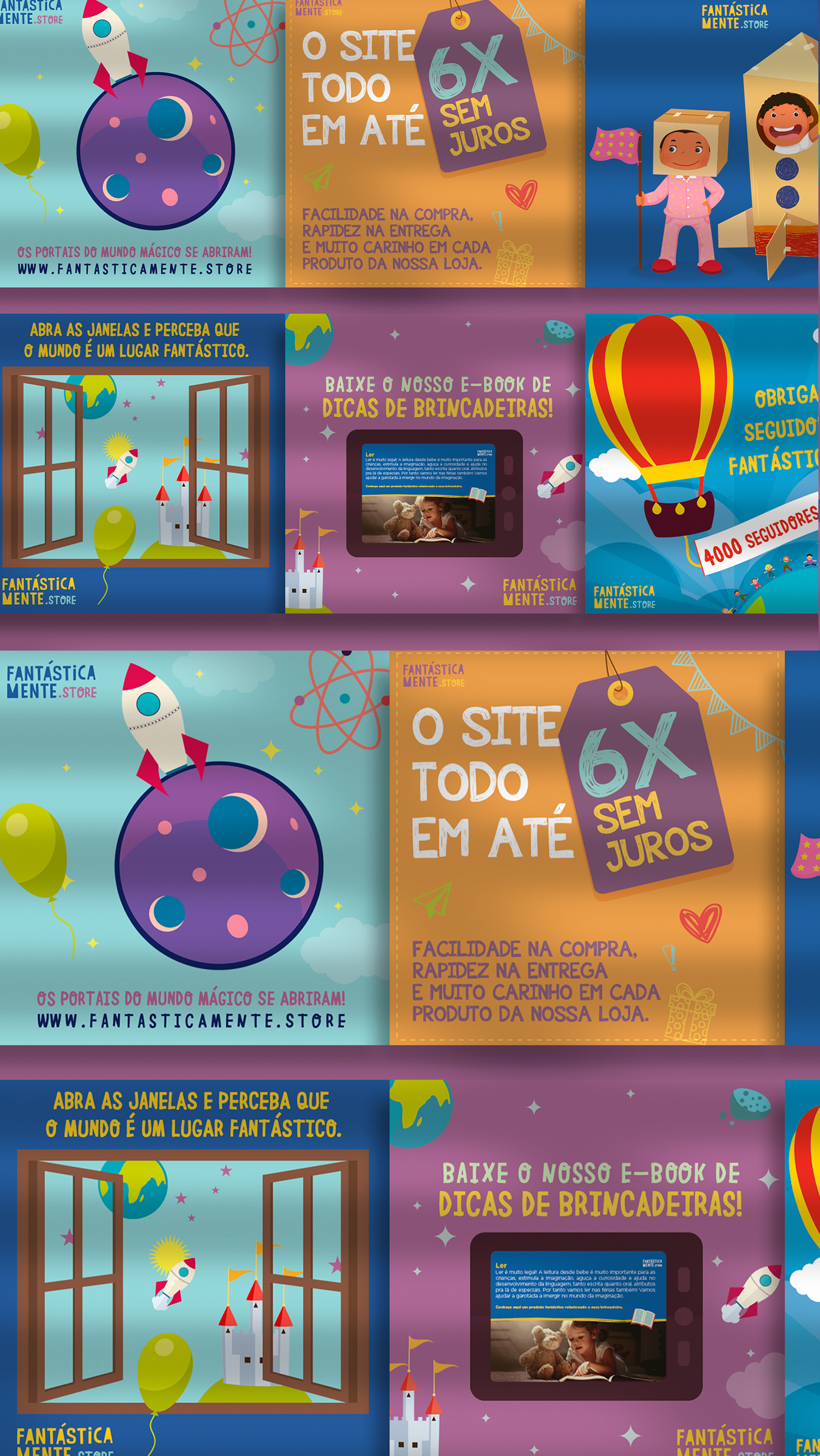 Um monte de pôsteres com um foguete e balões