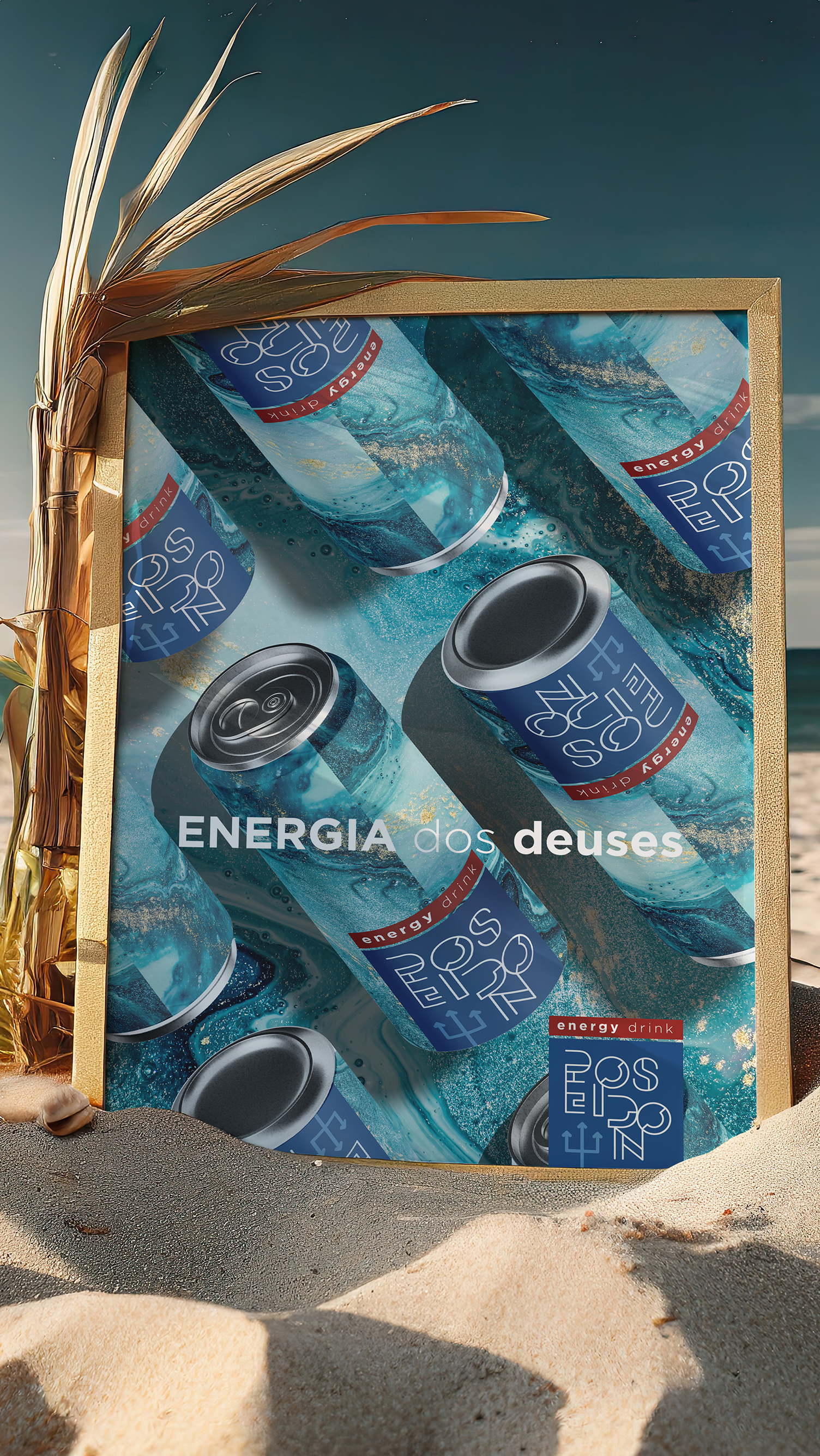 Poseidon Energy Drink A poster of cans of beer on a beach with a palm tree in the background.