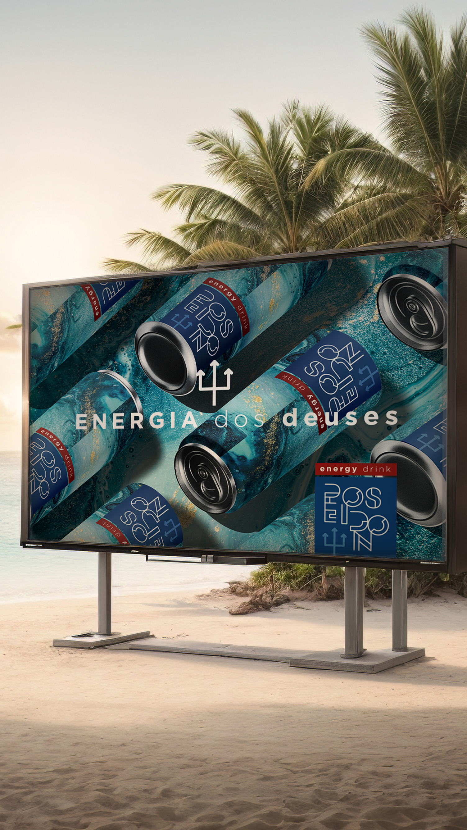 Poseidon Energy Drink A billboard on a beach with a picture of cans of soda on it.