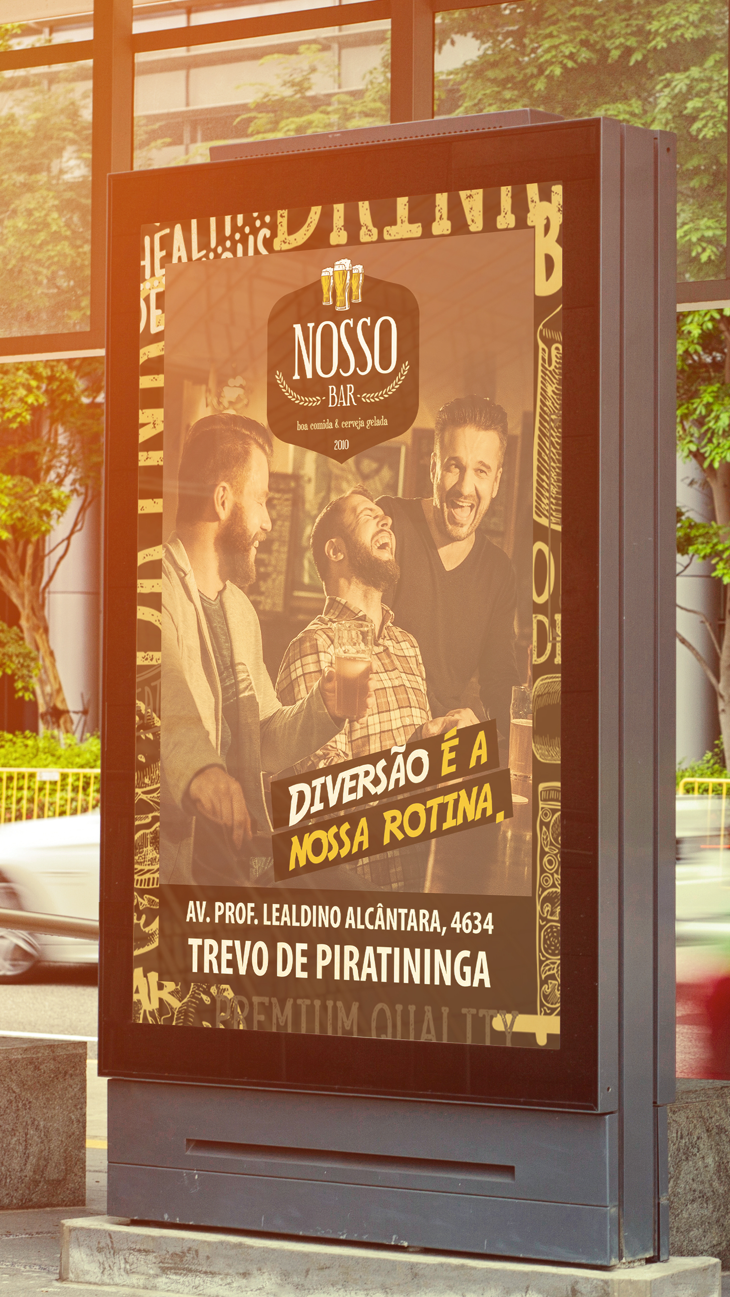 A billboard with a picture of a group of men on it.