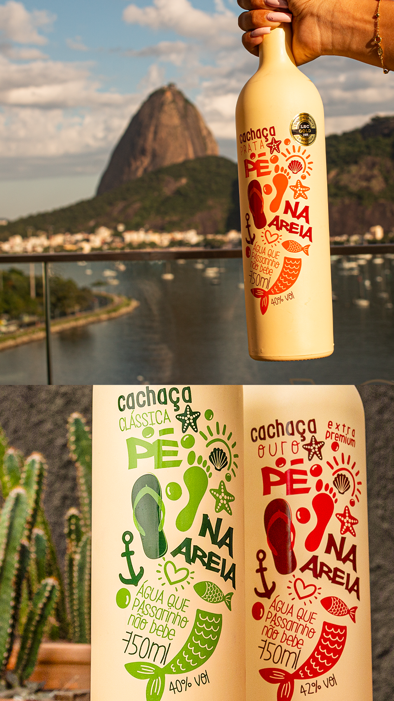Pé na Areia Cachaça Um conjunto de pegadas com as palavras na areia