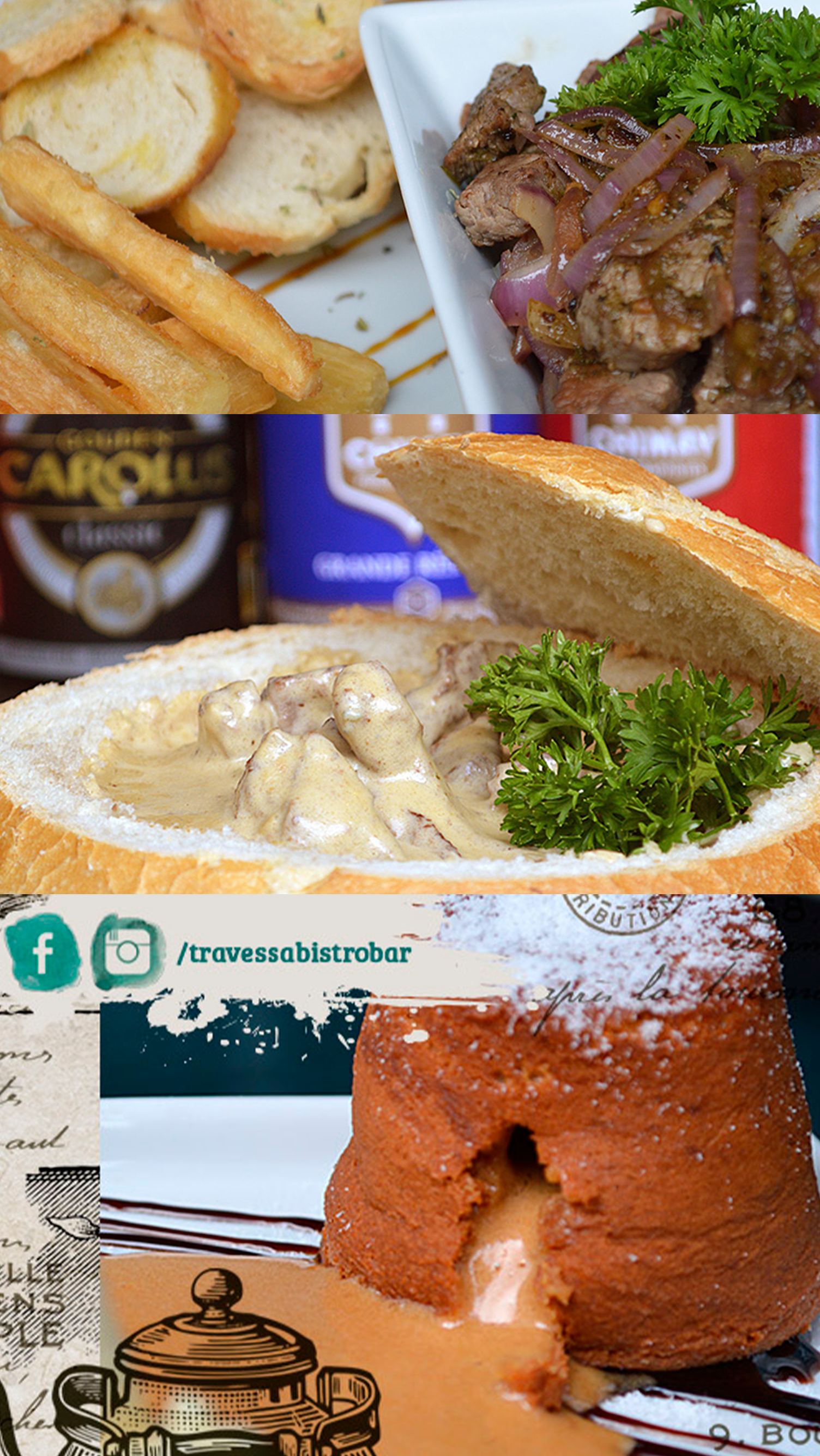 Travessa A collage of different types of food including french fries and a cake