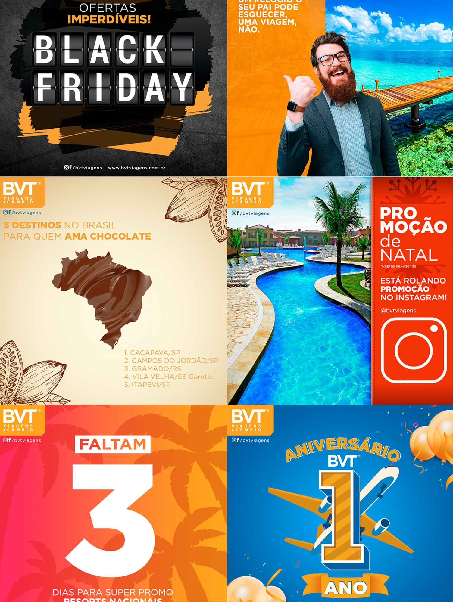 BVT Viagens Uma colagem de anúncios de black friday e outros eventos