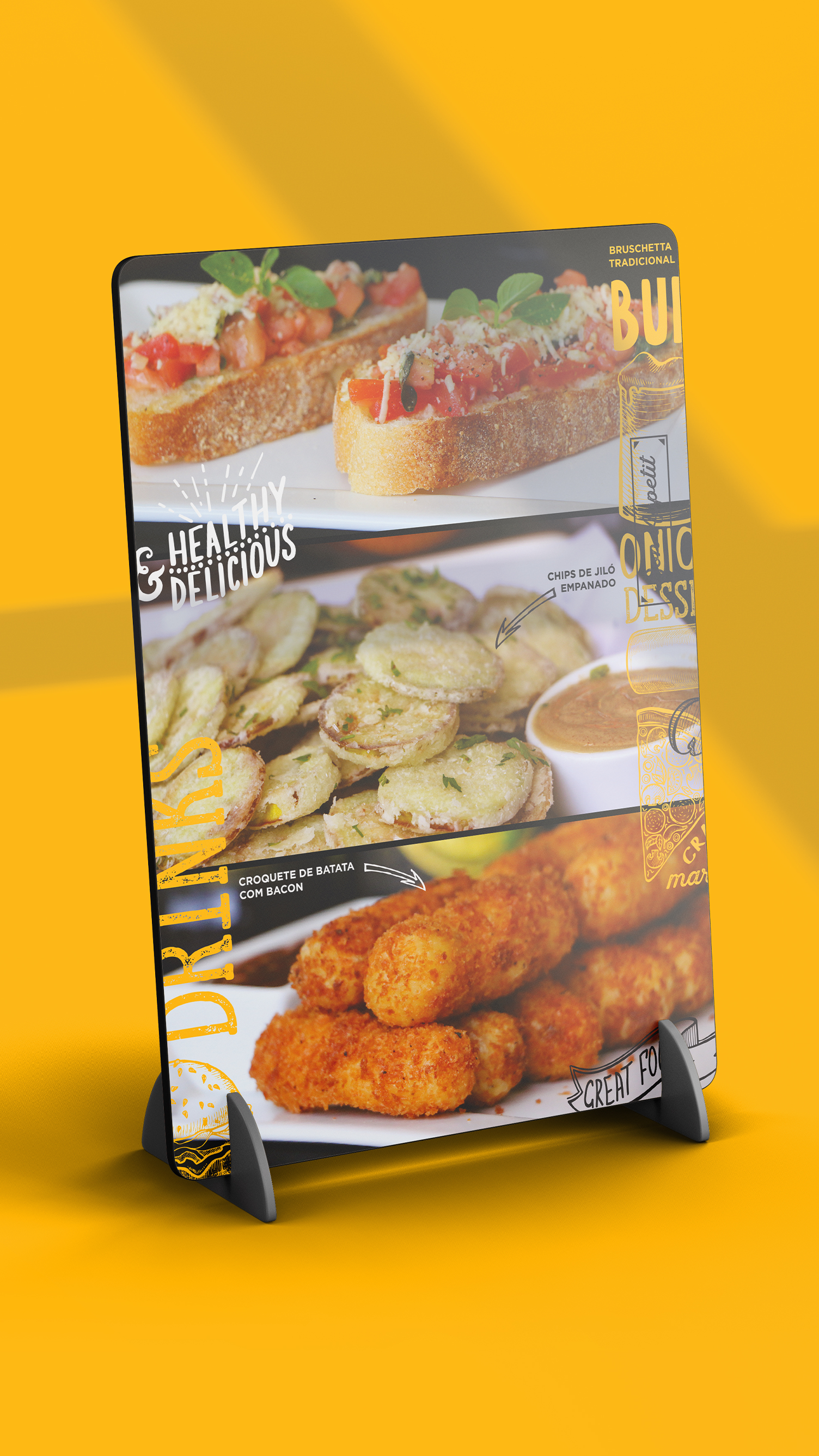 A sign with a picture of food on it on a yellow background.