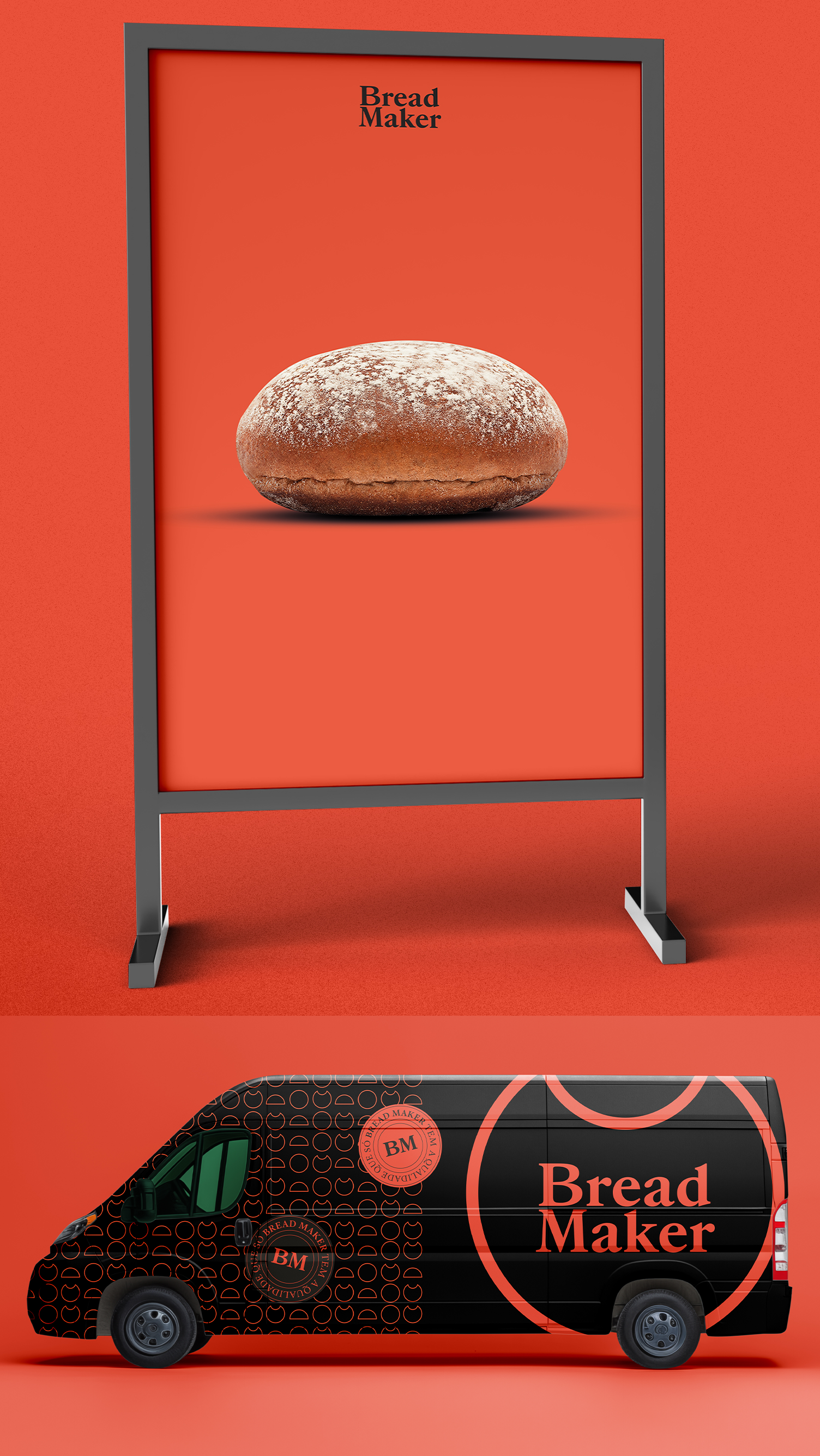 Bread Maker Design Um homem está segurando um hambúrguer na frente de uma multidão de pessoas.