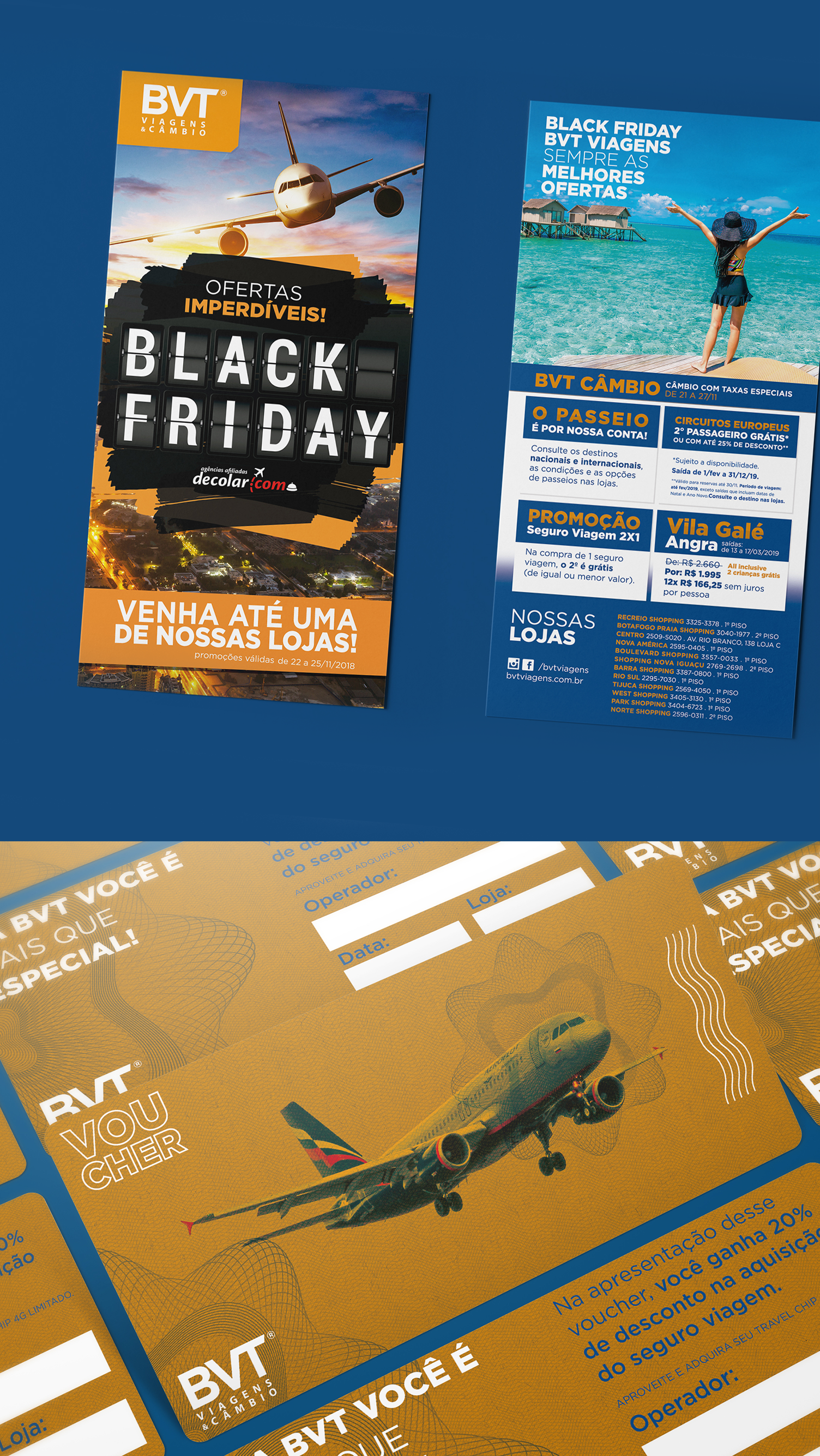 BVT Viagens Um folheto da Black Friday com a imagem de um avião voando sobre o oceano.