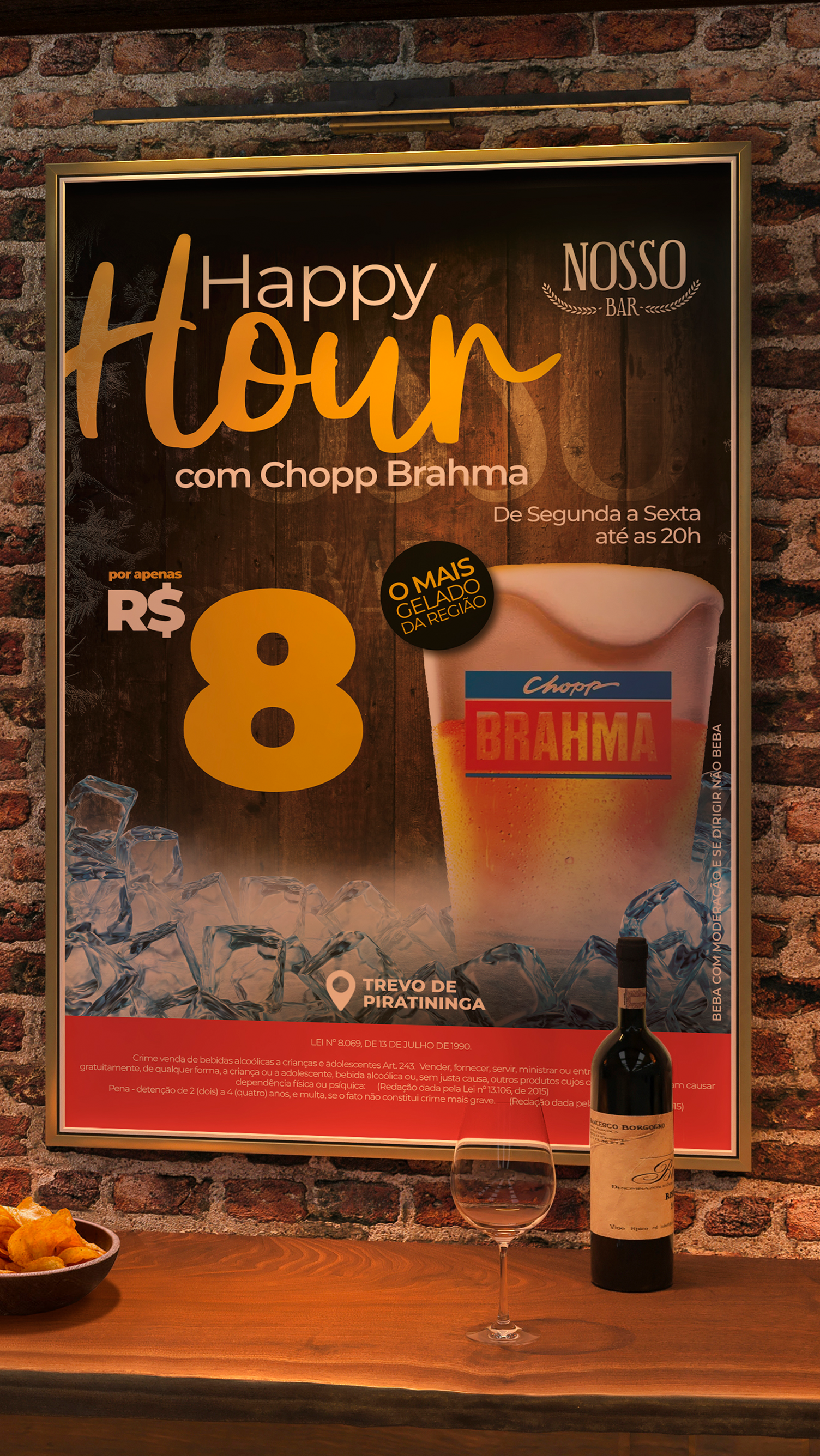 A poster for a happy hour with a glass of beer and a bottle of wine