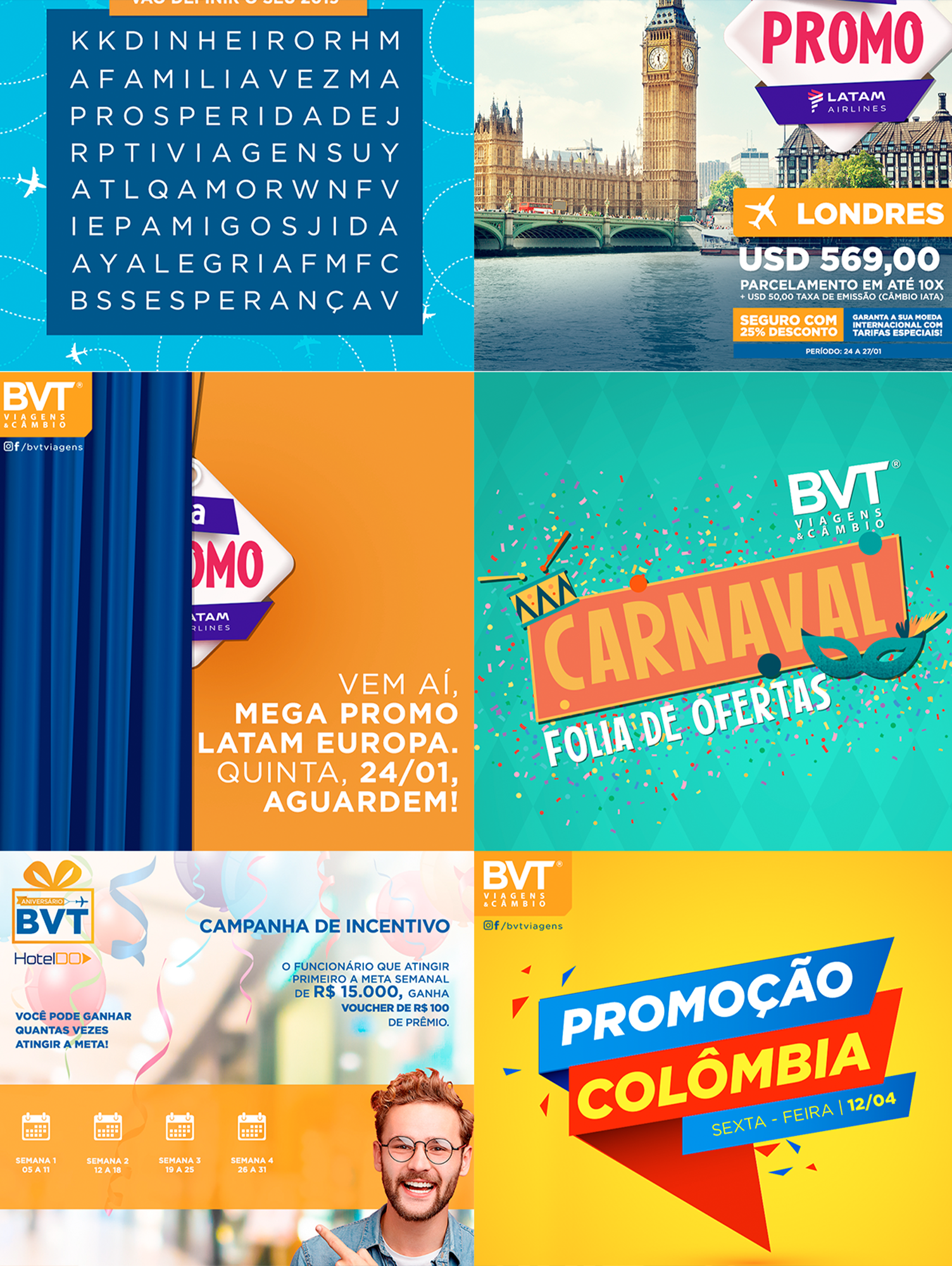 BVT Viagens Uma colagem de anúncios de um carnaval na Colômbia.