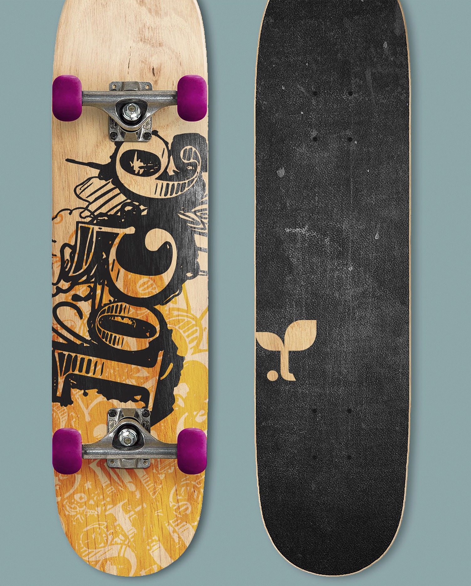 The front and back of a skateboard with purple wheels