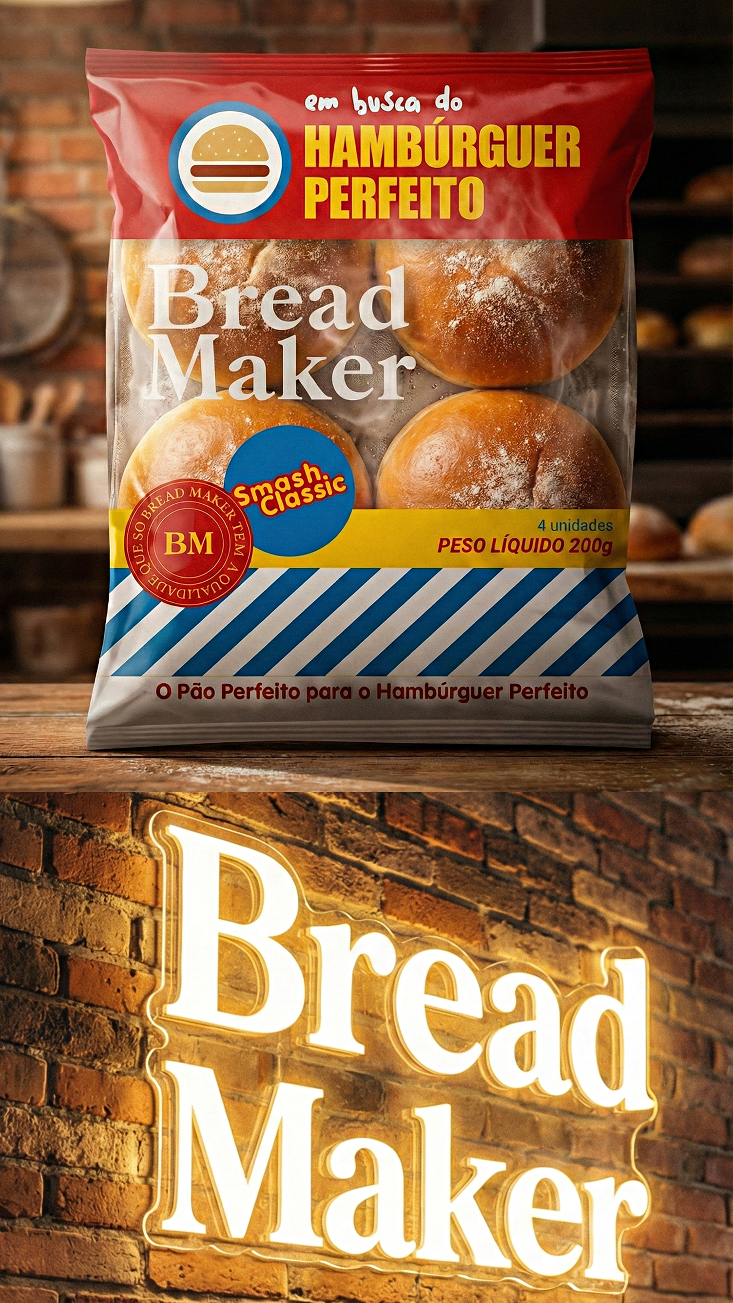 Bread Maker Design Um homem está segurando um hambúrguer na frente de uma multidão de pessoas.