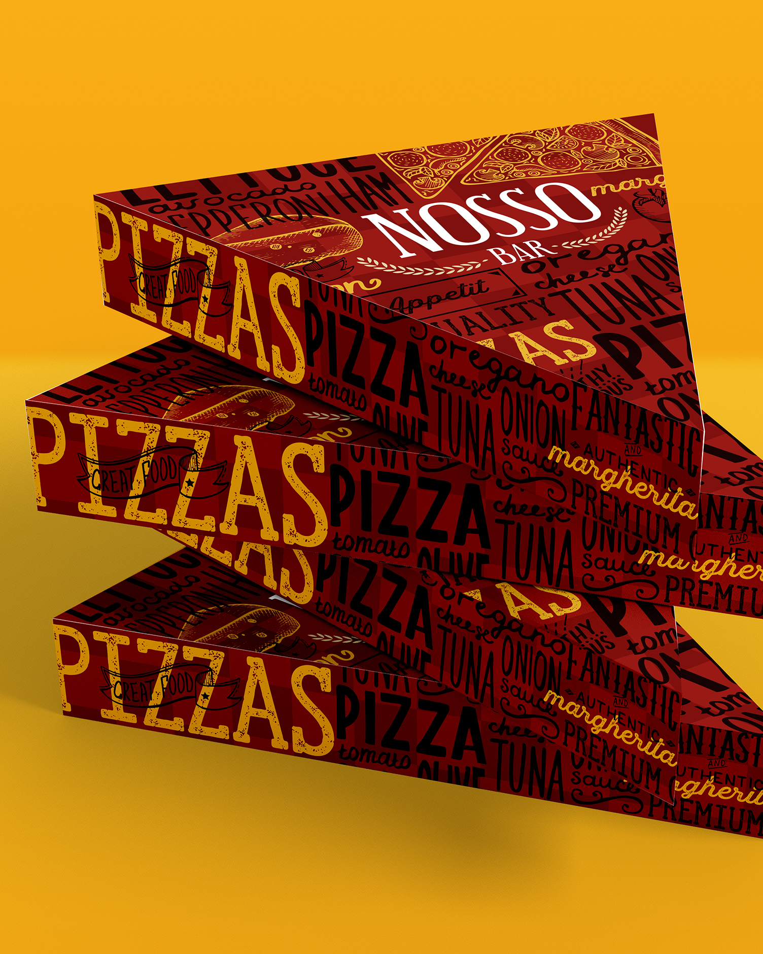 Three pizza boxes are stacked on top of each other