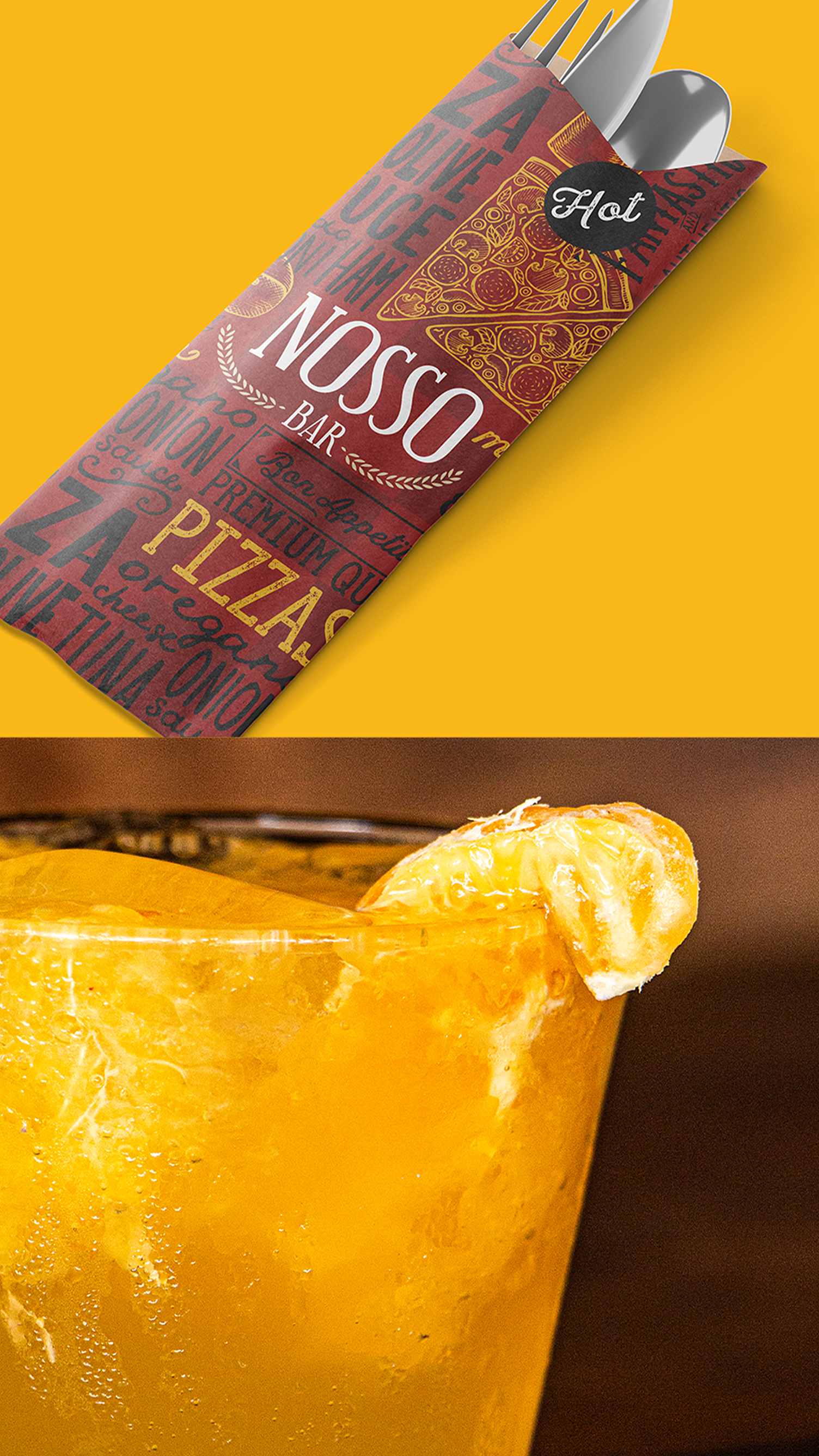 A napkin holder with utensils and a glass of orange juice.