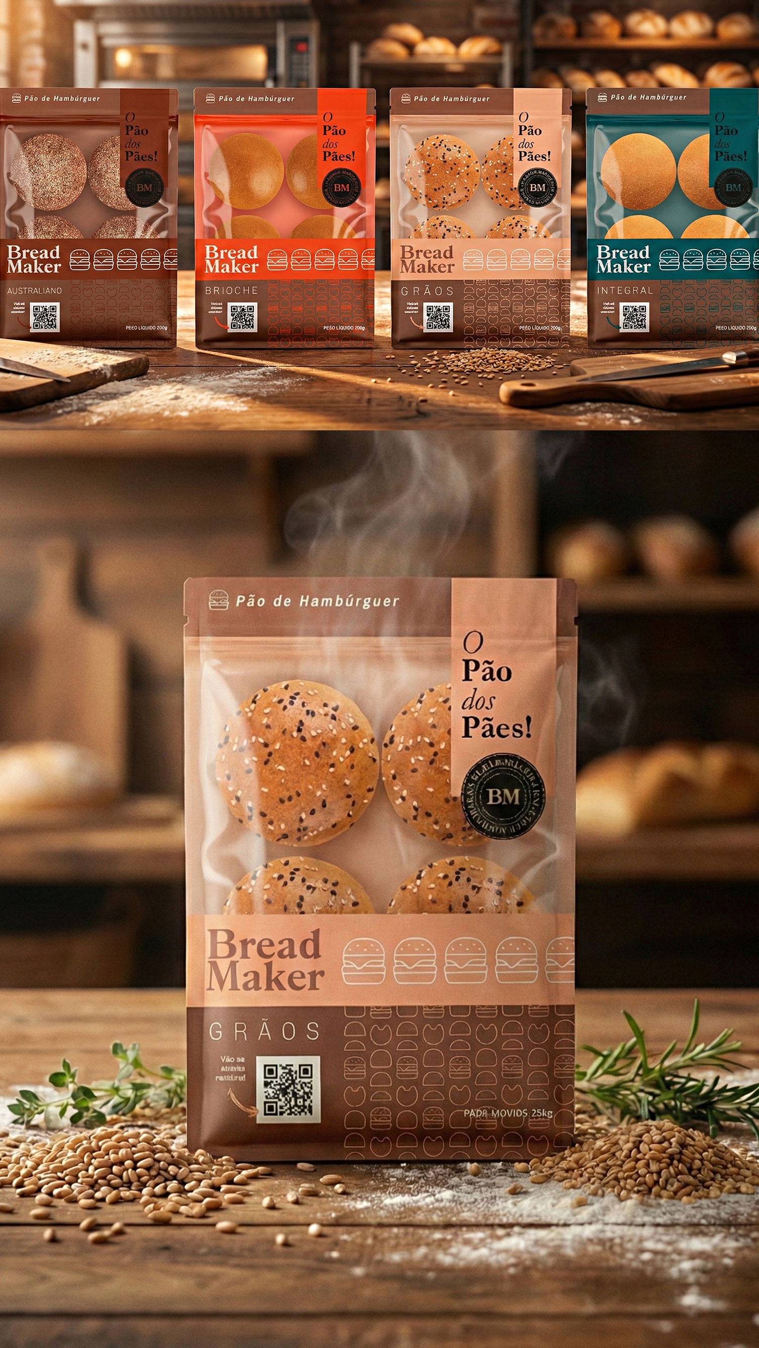 Bread Maker Design Um homem está segurando um hambúrguer na frente de uma multidão de pessoas.