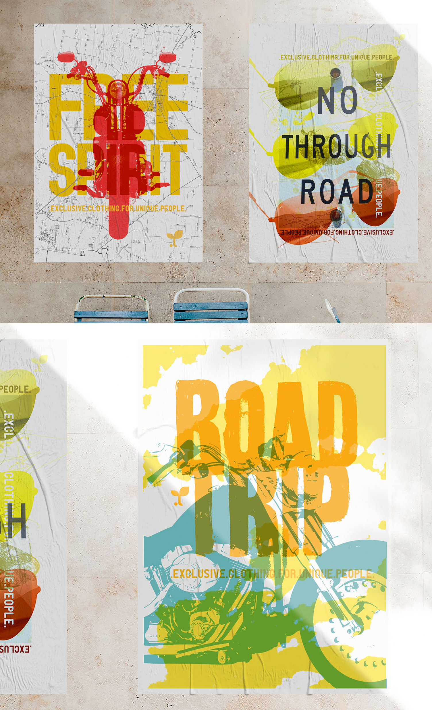 Three posters on a wall one of which says no through road
