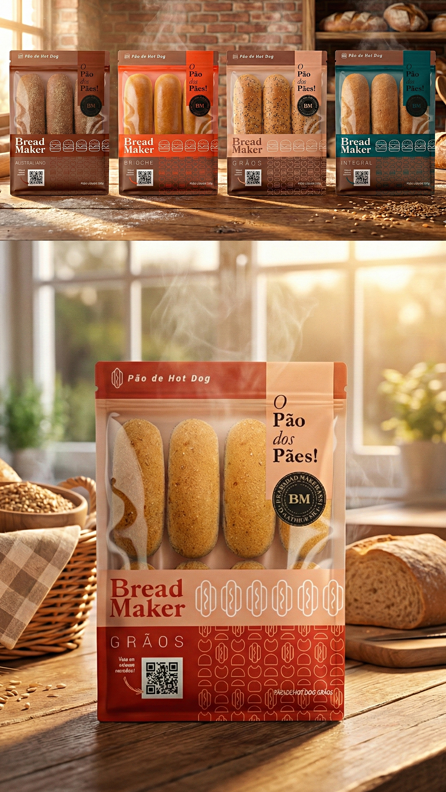 Bread Maker Design Um homem está segurando um hambúrguer na frente de uma multidão de pessoas.