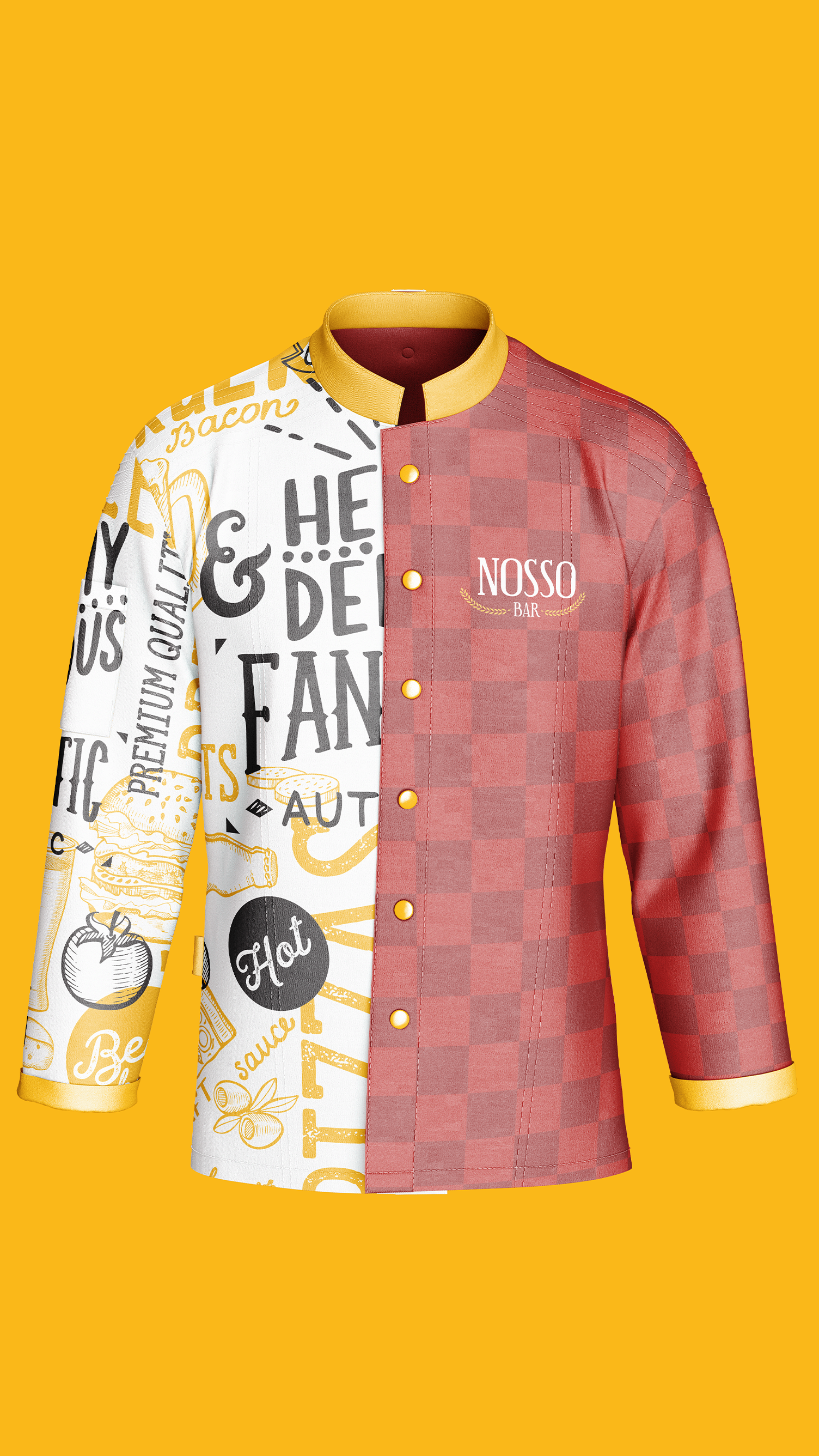 A mockup of a chef 's jacket with a yellow background.