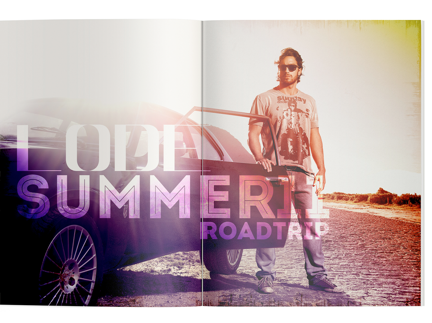 A book is open to a page with a man standing next to a car.