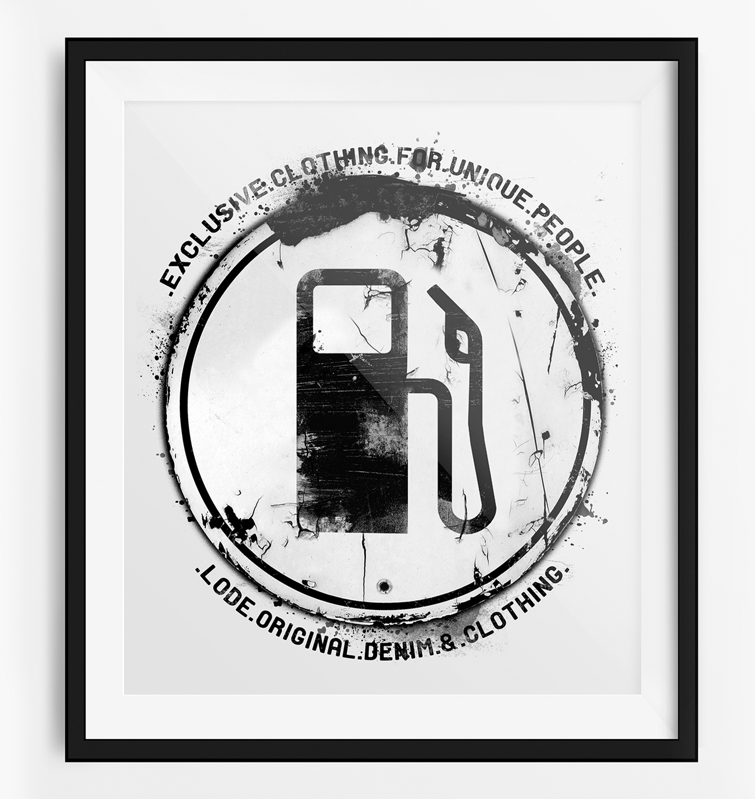 A black and white picture of a gas pump in a circle with the words exclusive clothing for unique people.