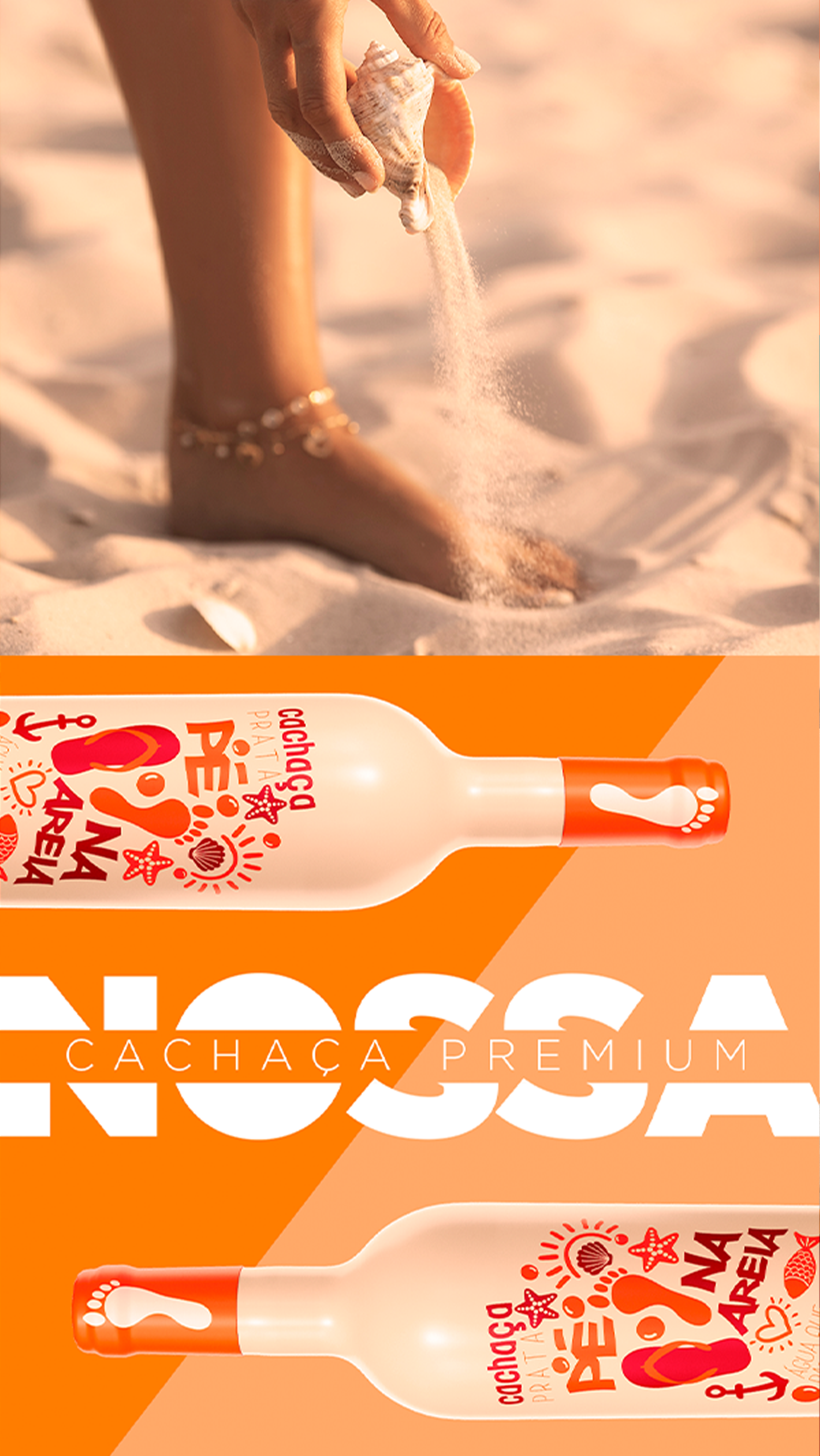 Pé na Areia Cachaça Um conjunto de pegadas com as palavras na areia
