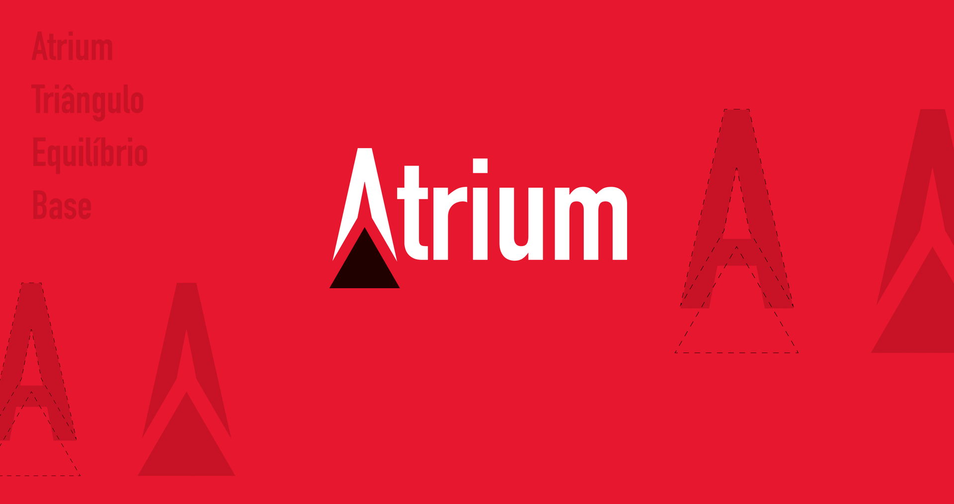 ATRIUM A palavra átrio está em um fundo vermelho com triângulos.