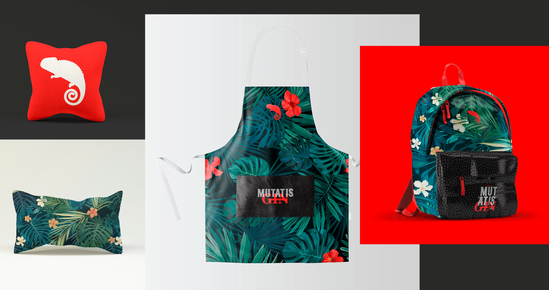 Uma colagem de imagens de travesseiro, avental, mochila e camaleão.