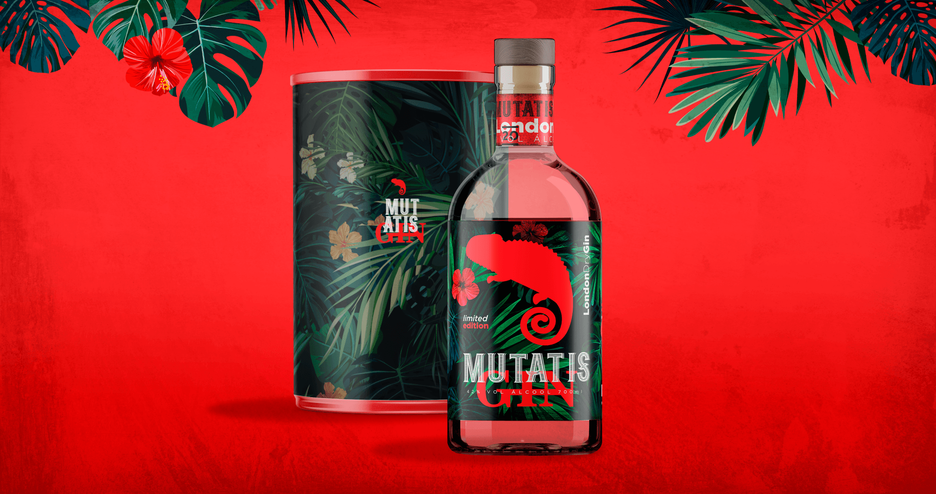 Uma garrafa de álcool está ao lado de uma lata em um fundo vermelho.