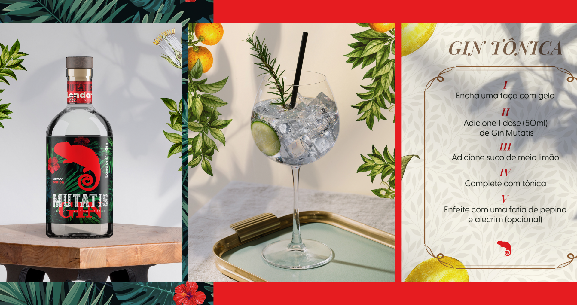 Mutatis GIN Uma garrafa de gim está sobre uma mesa de madeira ao lado de um copo de gim tônica.