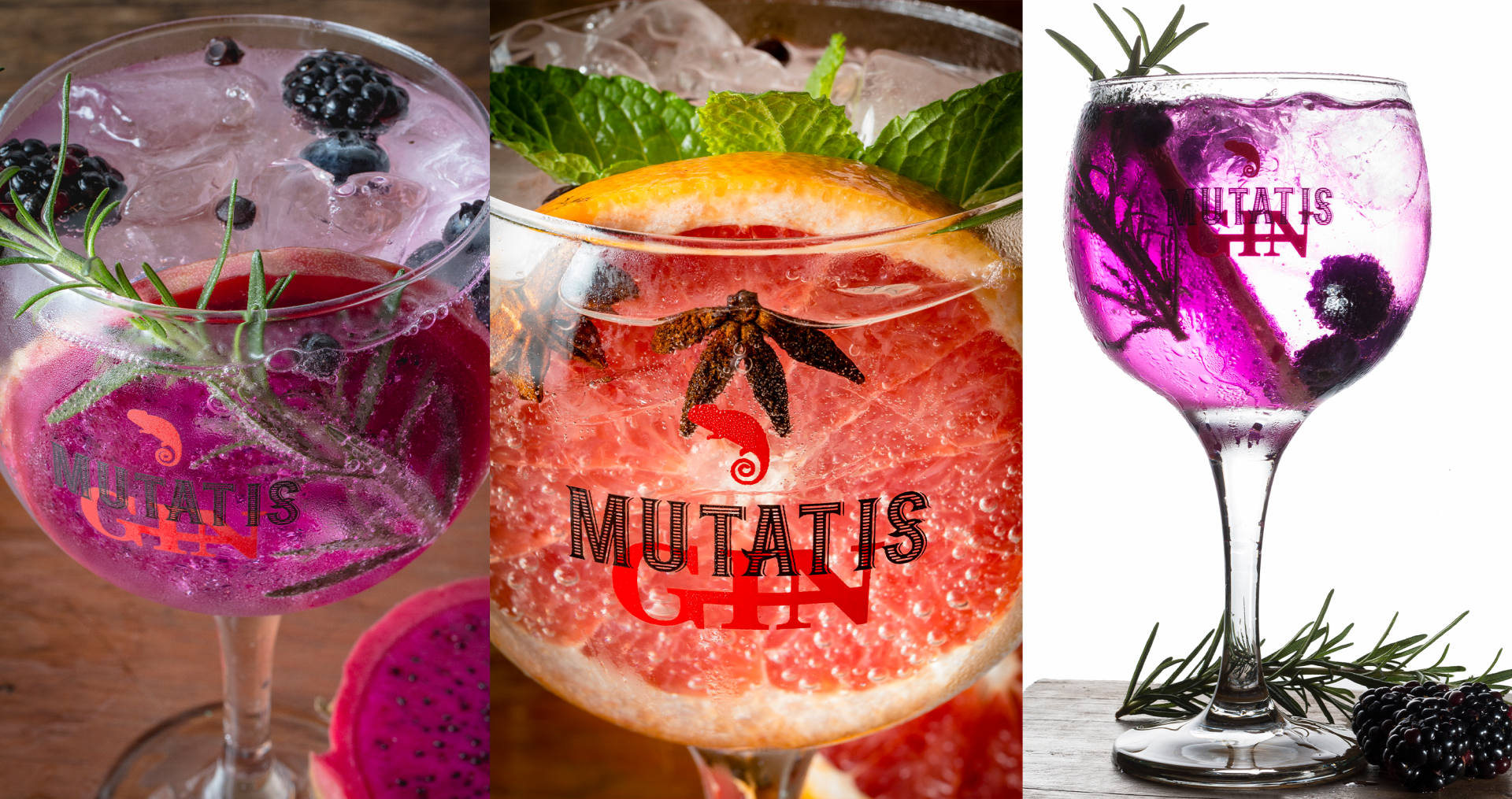 Uma colagem de três tipos diferentes de bebidas em taças de vinho.