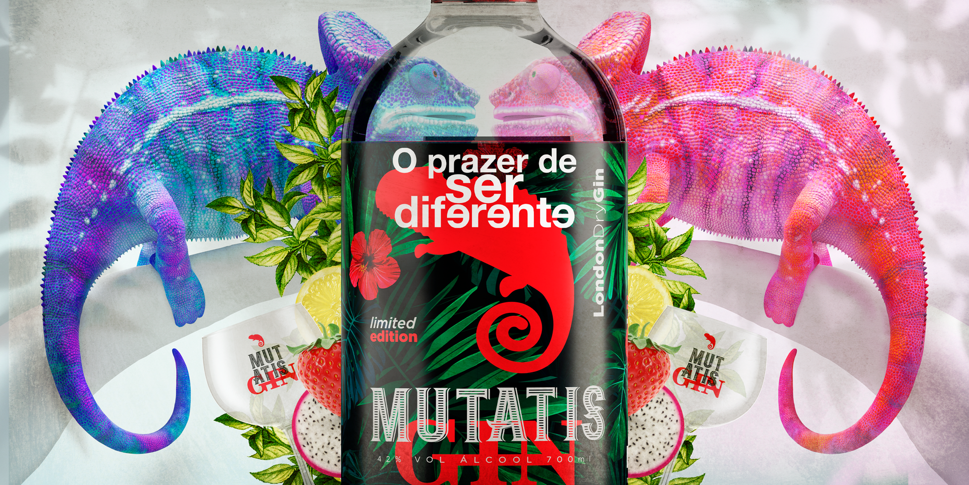 Uma garrafa de mutatio está rodeada de camaleões e flores.