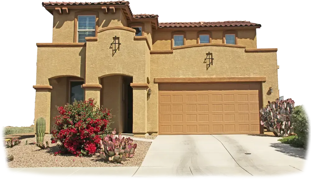 Tan stucco two-story home with a tan garage door, set in a desert landscape. Tan stucco two-story home with a tan garage door, set in a desert landscape.