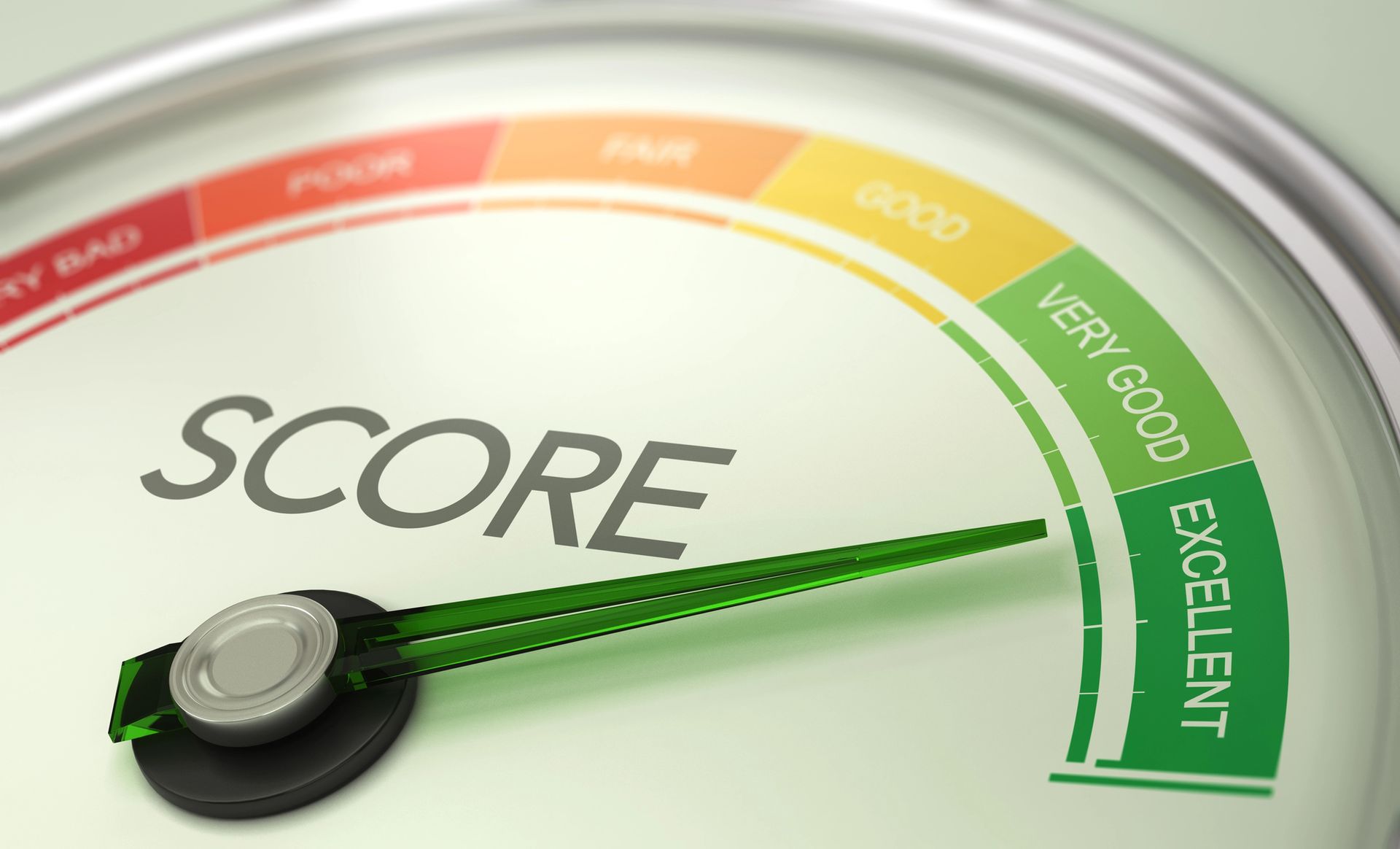 Credit score gauge with needle pointing to EXCELLENT in green.