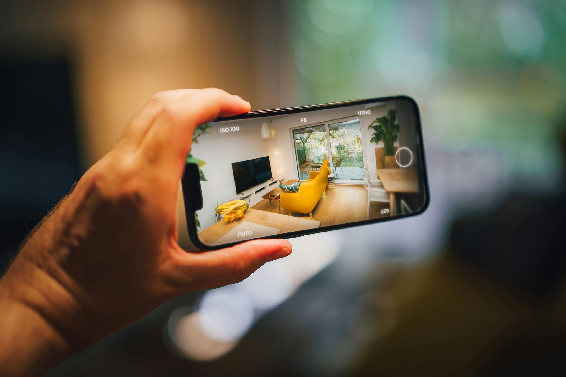 Hand holding smartphone, capturing photo of a modern office space with desk, yellow chair, and window view.