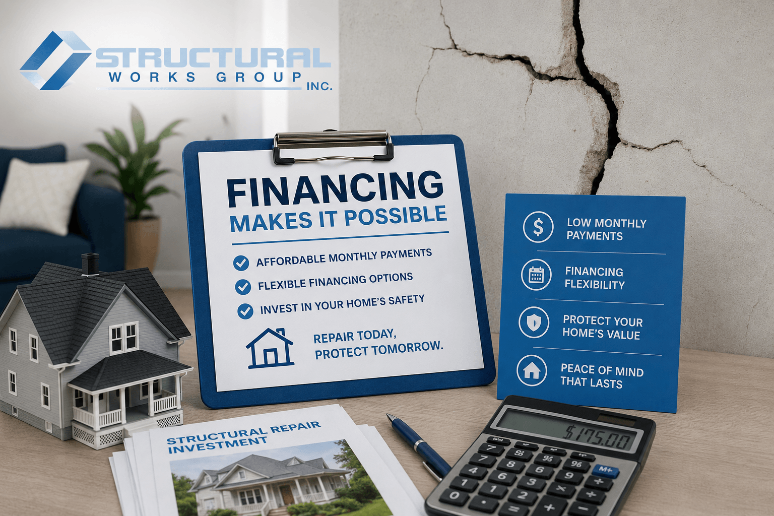 Financing flyer beside house model, calculator, and blue brochure on a desk with Structural Works Group logo
