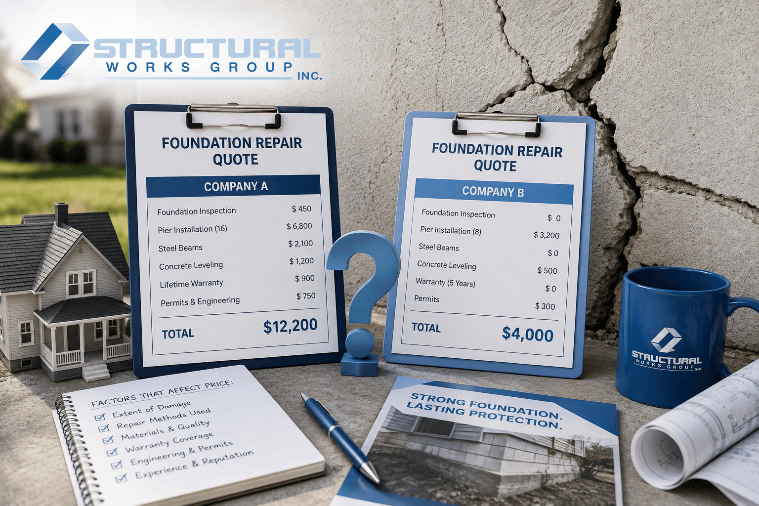 Foundation repair quote boards, house photo, pen, mug, and rolled plans on a desk with a cracked wall backdrop
