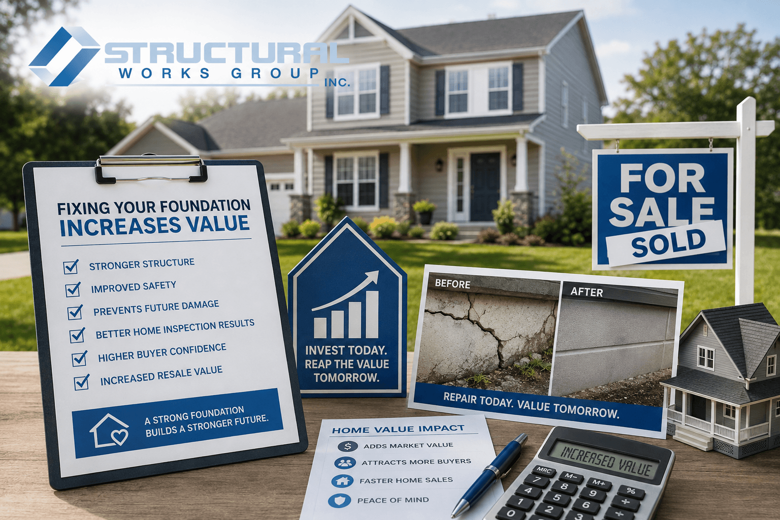 Foundation repair ad for a house, showing a “For Sale” sign, cracked wall, and estimate paperwork with calculator.