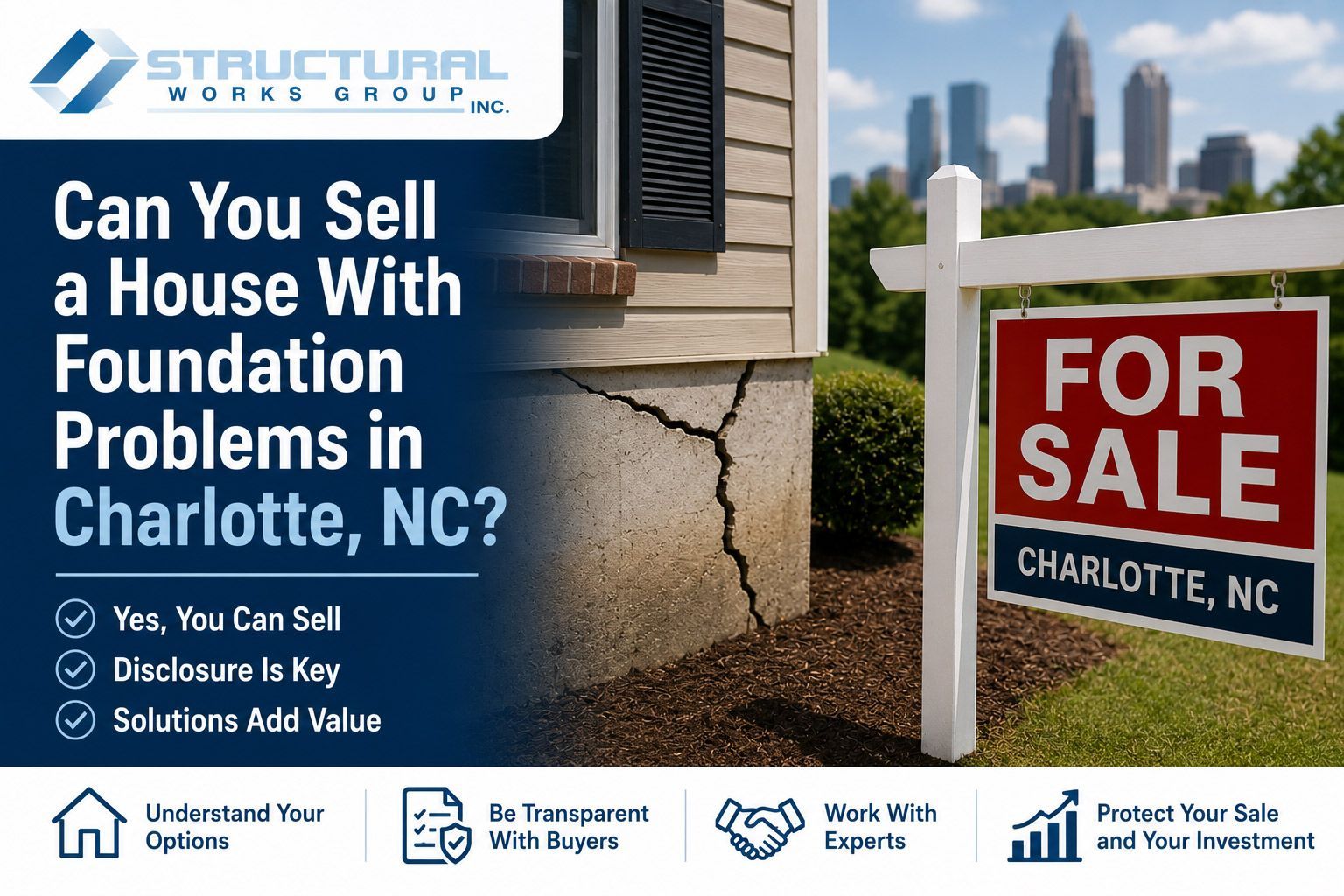 Graphic: “Can You Sell a House With Foundation Problems in Charlotte, NC?” with for-sale sign and house foundation crack