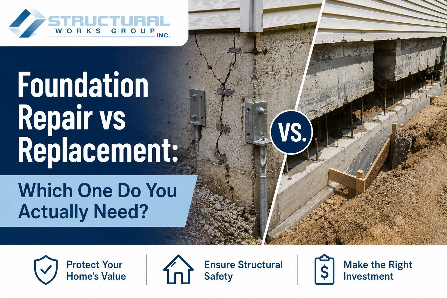 Graphic comparing foundation repair vs replacement with split-house image and “Which one do you actually need?” text