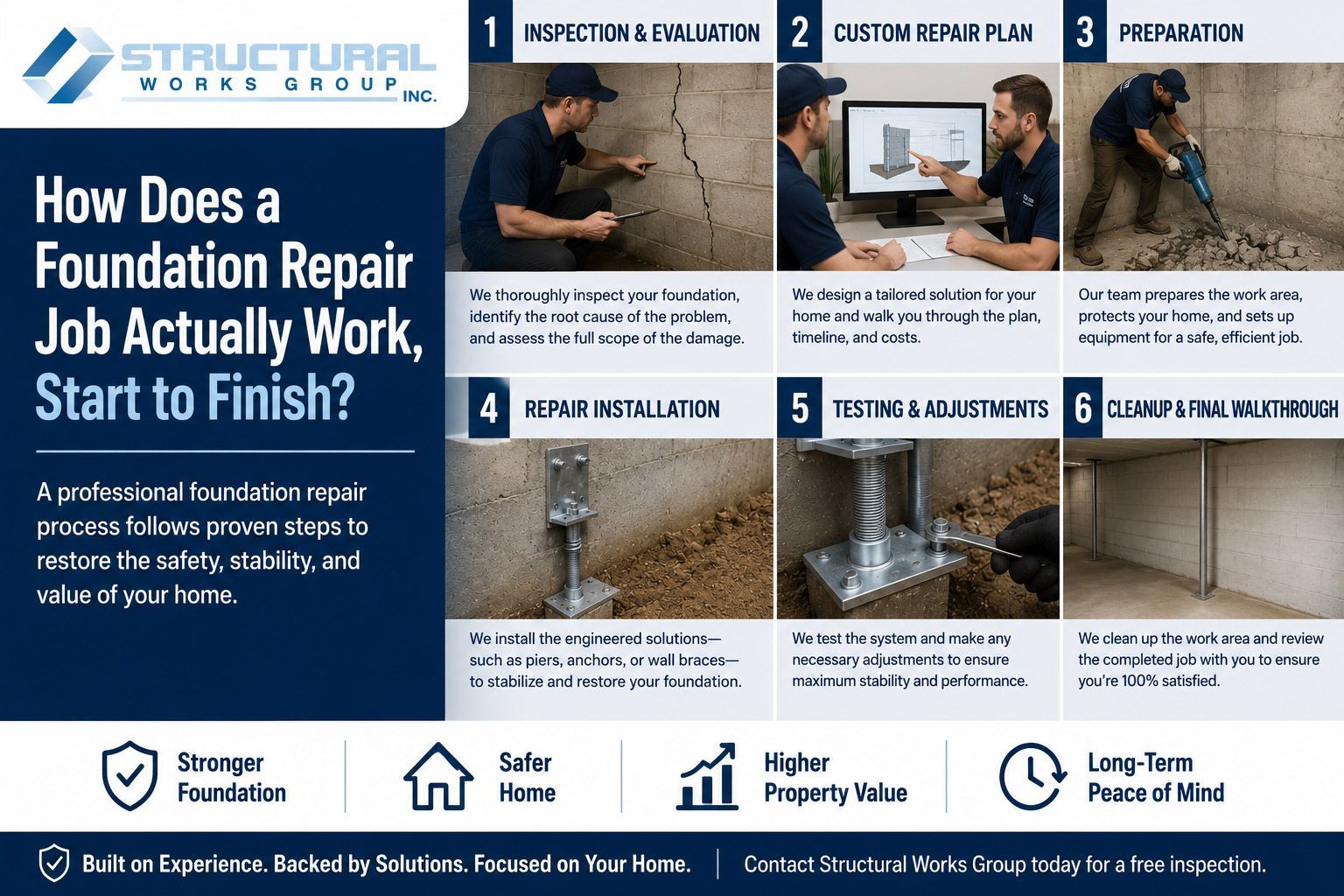Infographic on foundation repair workflow, with six step photos and blue construction-themed design