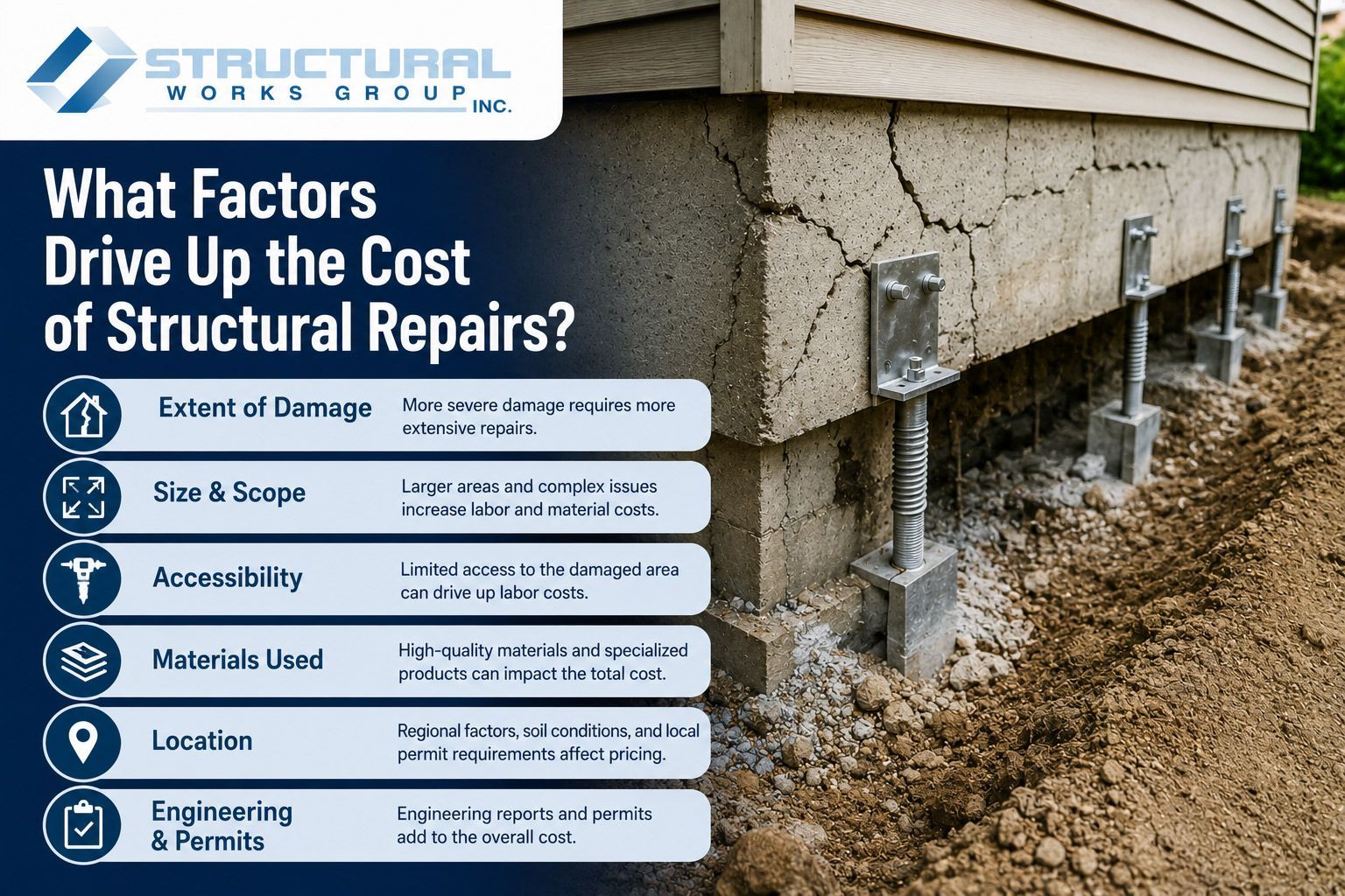 Infographic on structural repair costs beside a cracked home foundation with drainage damage beneath siding