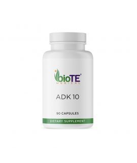 White bottle of BioTE Medical ADK 10 capsules. The label features green accents and states 