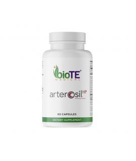Bottle of BioTE Medical Arterosil HP capsules, a dietary supplement. White bottle with green and purple accents.