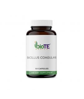 Bottle of BioTE Medical Bacillus Coagulans capsules. White label with green accents, dark brown bottle.