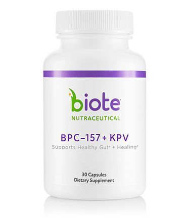 Bottle of BioTE Medical BPC-157  KPV capsules for healing and recovery. White bottle with green and purple labels.