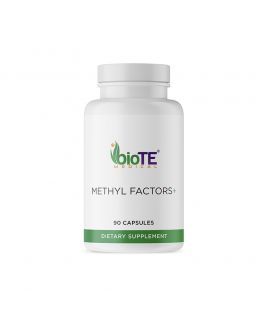 White bottle of BioTE Methyl Factors+ dietary supplement with green and purple branding.