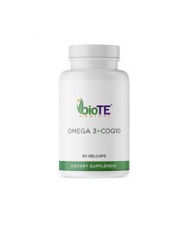 White bottle of BioTE Omega 3 + COQ10 dietary supplement, with green accents and text.