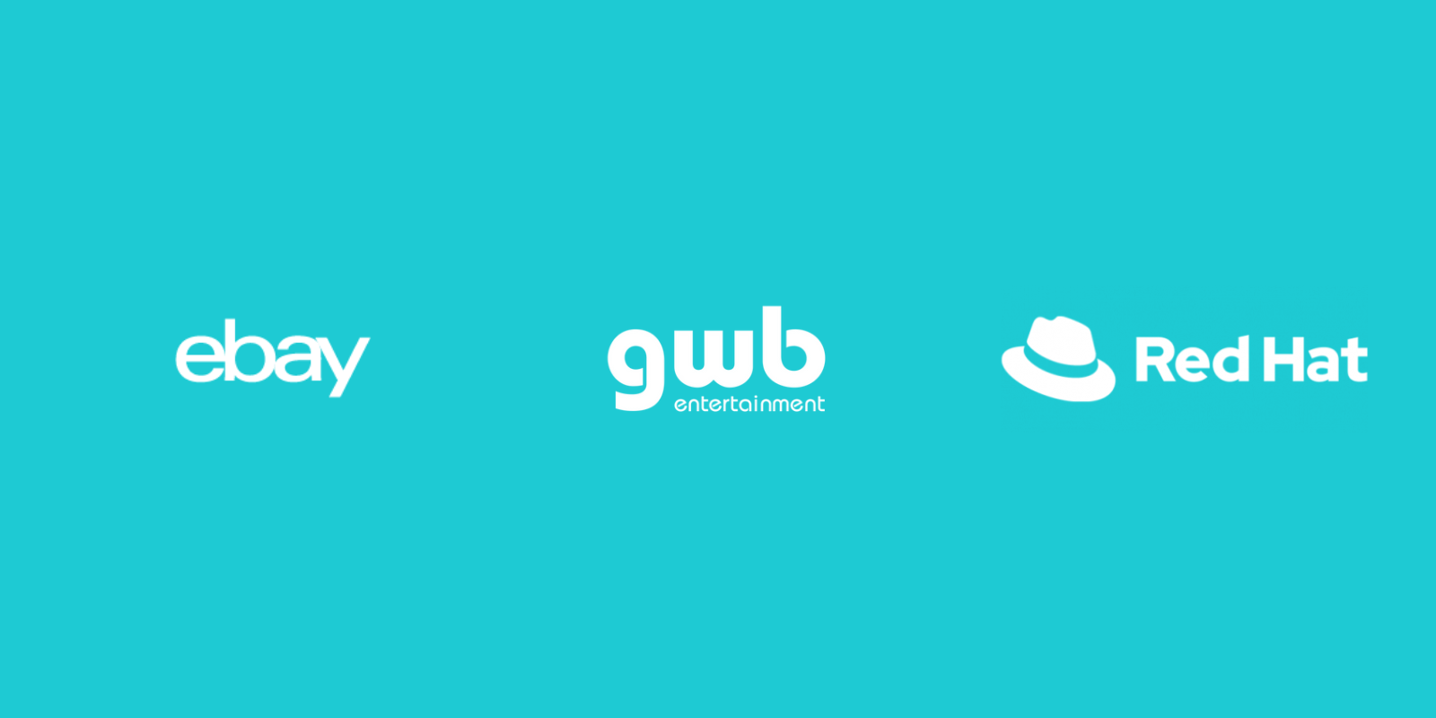 A turquoise background featuring the white logos of eBay, GWB, and Red Hat arranged in a horizontal row.