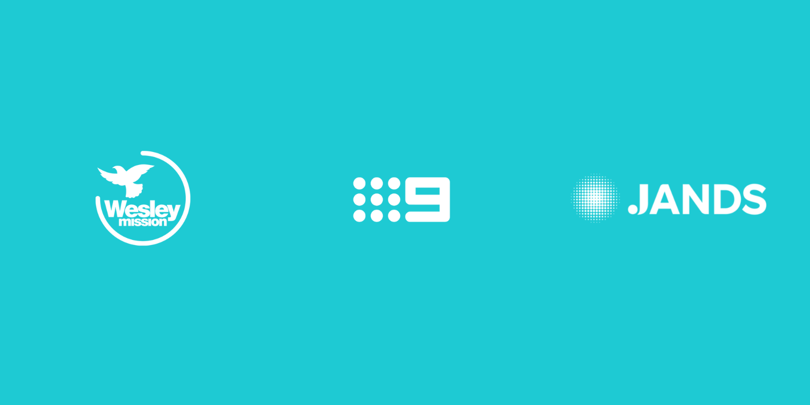 Logos for Wesley Mission, Nine Network, and Jands in white against a bright turquoise background.