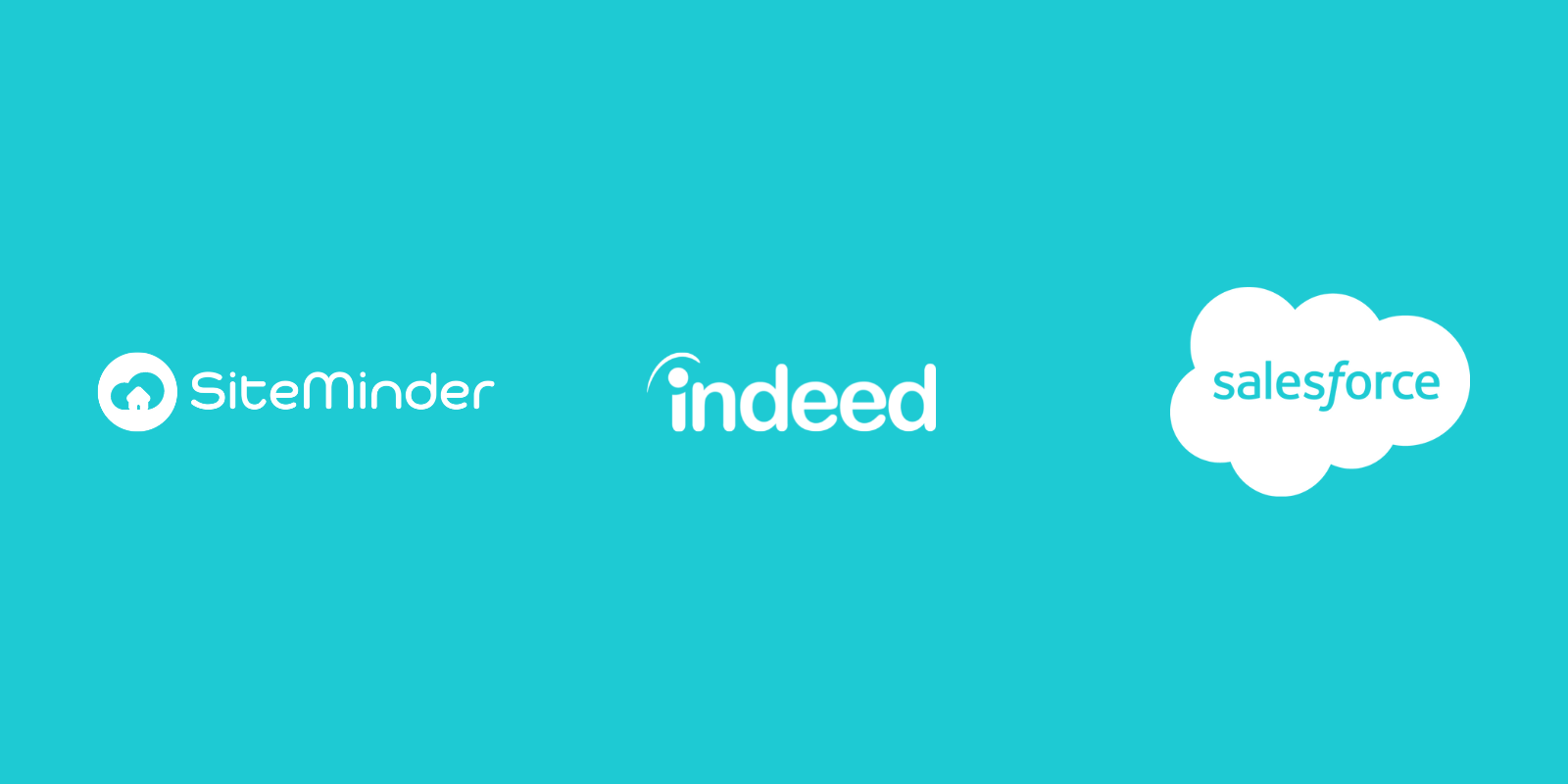 Logos for SiteMinder, Indeed, and Salesforce arranged horizontally on a teal background.